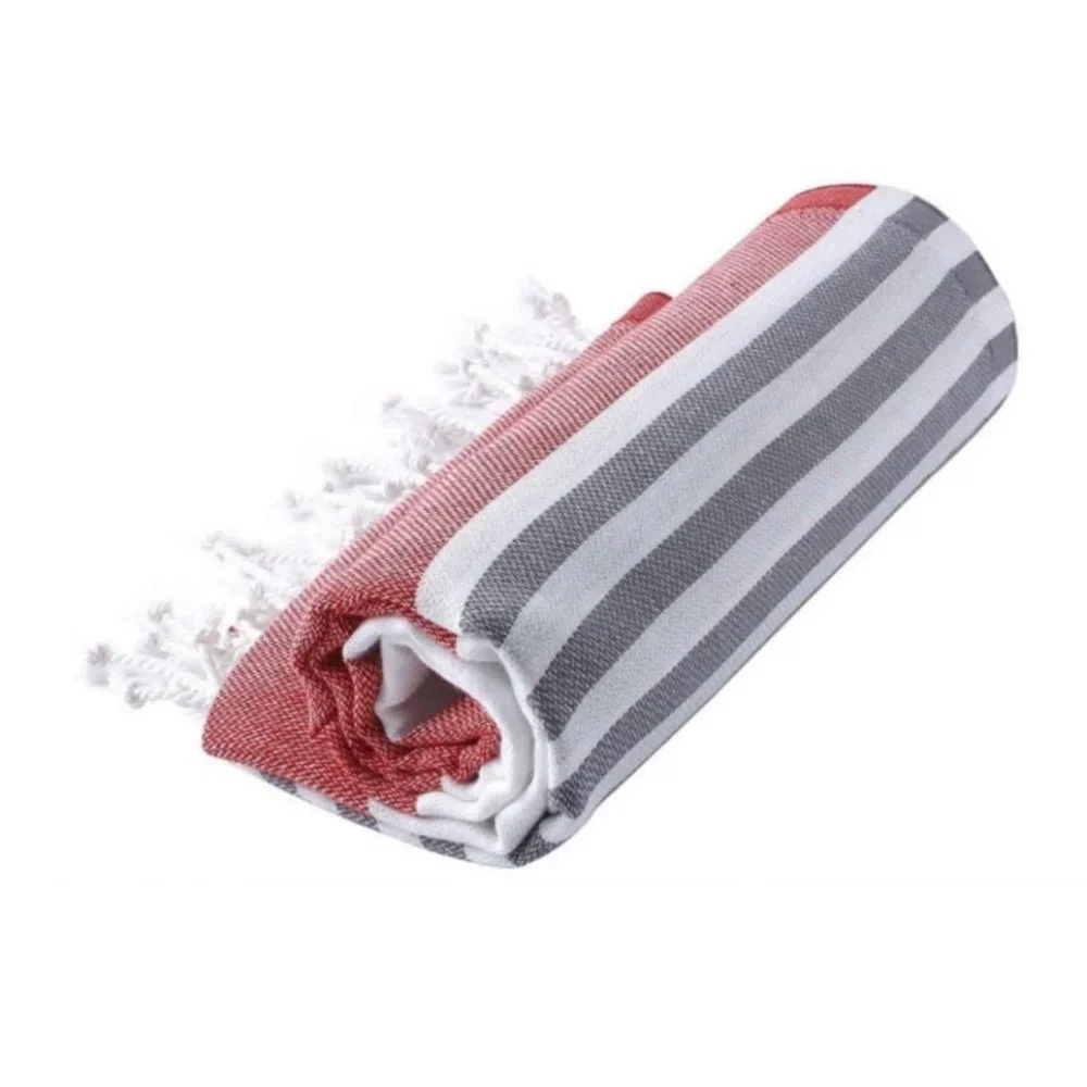 4 Red Anthracite Striped Beach Bath Towels - 100% Turkish Cotton